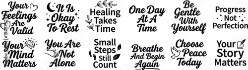 Mental Health Affirmation Quotes Typography Bundle for Self Care, Motivation, Mindfulness, and Positive Lifestyle Branding