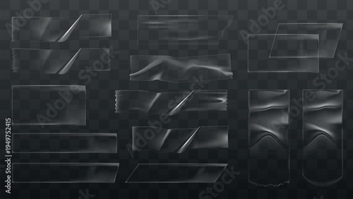Transparent adhesive tape set on a dark background. Various tape strips, transparent and adhesive, perfect for design projects. Tape collection for creative use. Sticker and tape element vector set.