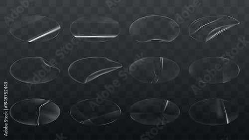 Set of 12 transparent glass textures. Glass textures with reflections. Glass surfaces with different shapes. Ideal for design projects needing glass effects. Sticker element vector set.