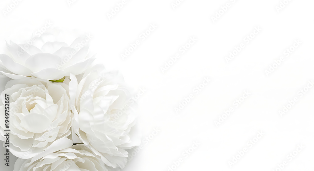Fototapeta premium A delicate cluster of white ranunculus flowers beautifully arranged against a pristine white background, symbolizing purity and elegance.