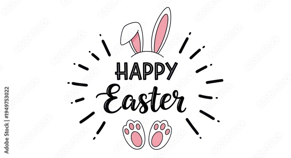Fototapeta premium Happy easter text with bunny ears and paws on white background