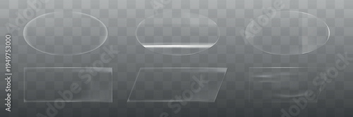 Transparent sticker set with various shapes: circle, square, and irregular. Stickers have a glossy, clear appearance. Perfect for design and decoration. Sticker element vector set.