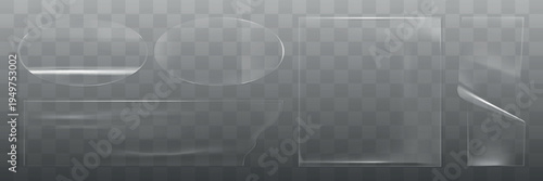 Transparent sticker set with various shapes: circle, square, and irregular. Stickers have a glossy, clear appearance. Perfect for design and decoration. Sticker element vector set.