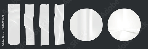 Set of white adhesive tapes and round stickers on a dark background. Adhesive tapes and stickers for crafts. White tapes and stickers for design projects. Sticker element vector set.