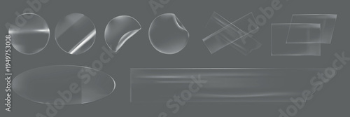 Transparent sticker set with various shapes: circle, square, and irregular. Stickers have a glossy, clear appearance. Perfect for design and decoration. Sticker element vector set.
