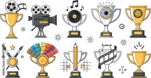 Creative arts award trophy icon set with film music design cinema pencil creativity achievement illustration