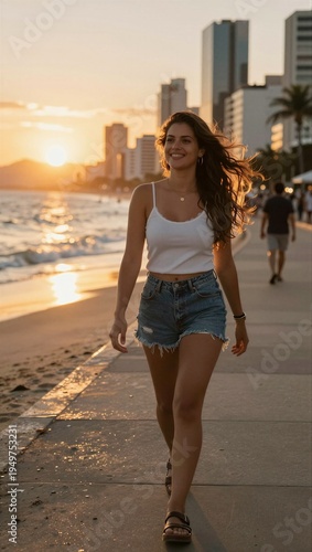 Wallpaper Mural Young Woman Walking Along a Sandy Beach at Sunset Torontodigital.ca