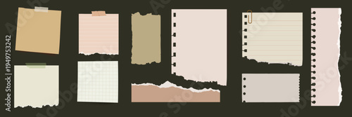 Collection of torn paper notes in various shapes and sizes. Includes lined, grid, and plain paper. Perfect for scrapbooking, journaling, and creative projects. Stationery element vector set.