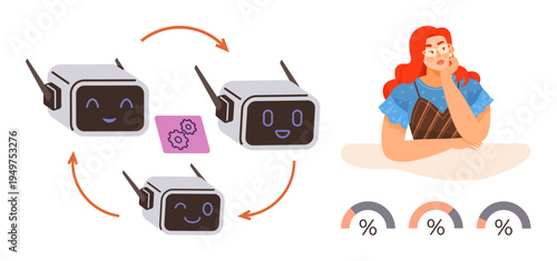 Artificial intelligence, decision-making, workflow automation, robotics, machine learning, efficiency. Robots connected in processing loop, woman in thought settings gear icon. Artificial