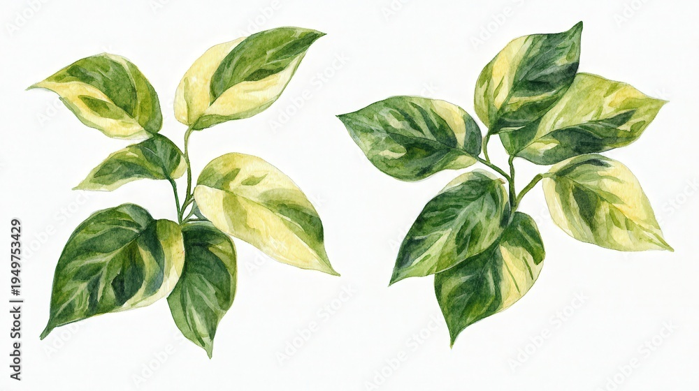 Fototapeta premium Variegated Green and Yellow Leaves Isolated on White Background, Watercolor Botanical Illustration