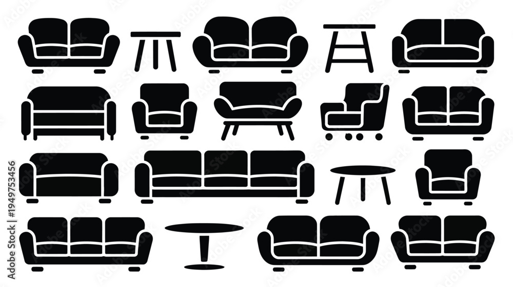 Obraz premium Collection of black silhouettes of various modern furniture pieces including sofas chairs and tables on white background for design and decoration