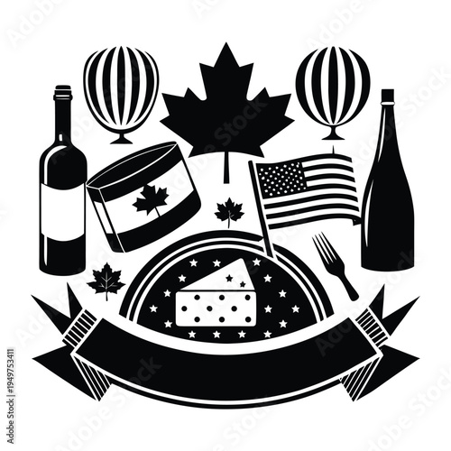 Black and white of Canadian and American symbols with cheese wine and hot air balloons