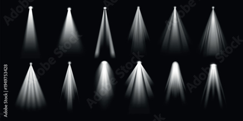 Bright spotlights shine on a dark stage. Spotlights create dramatic effects. Multiple spotlights illuminate the scene. Spotlights focus on specific areas. Overlay effect vector element set.