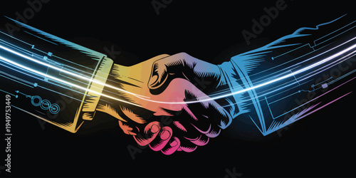 Professional Business Handshake with Tech Line Merging
