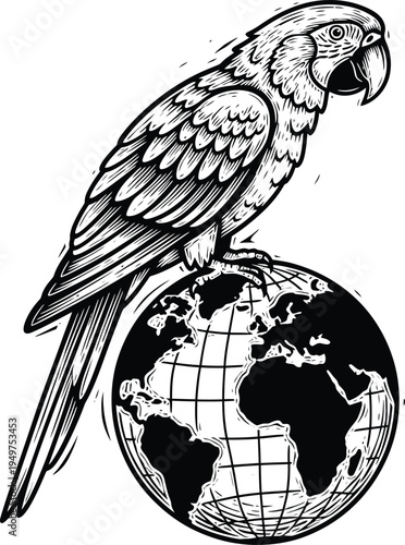 Linocut parrot perched on globe symbolizing global wildlife conservation awareness bold carved texture handcut vector illustration