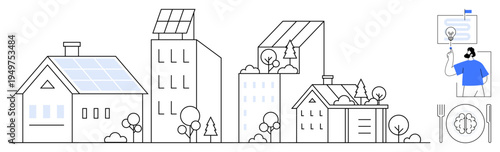 Renewable energy, sustainable development, eco-architecture, clean energy solutions, smart homes, green technology, energy conservation. Solar panels on buildings and homes, a person presenting