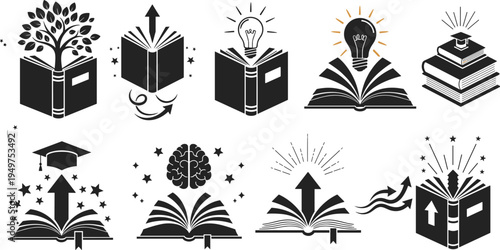 Education knowledge and learning book icon set with open books tree brain light bulb graduation concept illustration