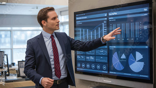 Professional Presenting Data Insights on Touchscreen