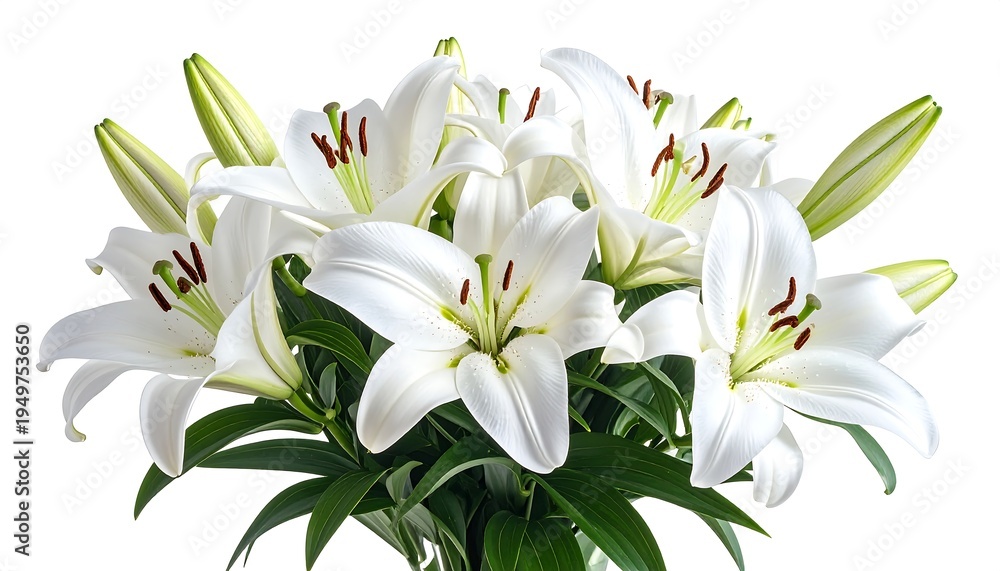 Fototapeta premium A close-up view presents a vibrant bouquet, composed of numerous fully bloomed, pristine white flowers, and lush green leaves, isolated