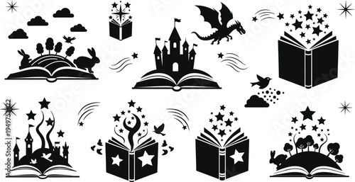 Fantasy storybook silhouette icon set with magic books castle dragon stars fairytale imagination illustration collection