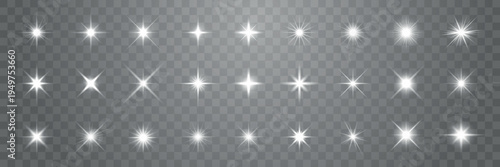 Set of bright, sparkling star effects on a transparent background. Star effects vary in size and intensity. Perfect for adding sparkle and shine to designs. Overlay effect vector element set.