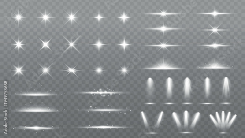 Set of bright light effects with stars, sparkles, and spotlights. Glowing stars and sparkles. Various spotlights and glowing effects on transparent background. Overlay effect vector element set.