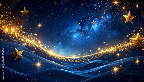 Ultra wide abstract holiday background glowing golden stars dark blue backdrop floating light particles elegant festive banner