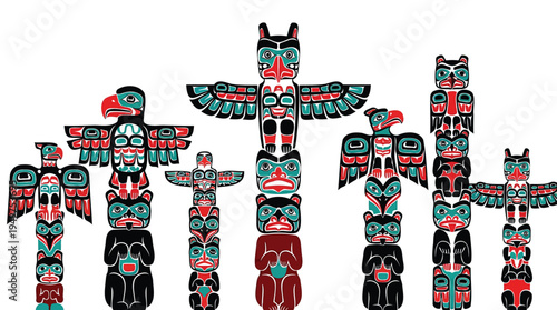 A diverse group of indigenous totem poles, featuring intricate carvings and vibrant cultural artwork representing heritage and spirituality