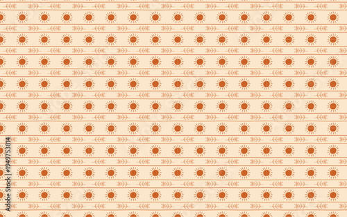 Seamless boho pattern with hand drawn suns and horizontal botanical leaf stripes