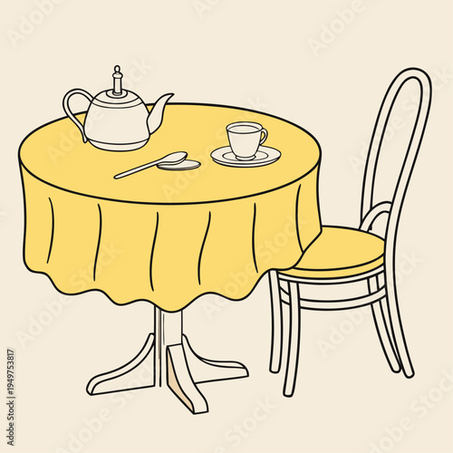 Cute cafe table scene with tablecloth and tea set, isolated hand drawn element.