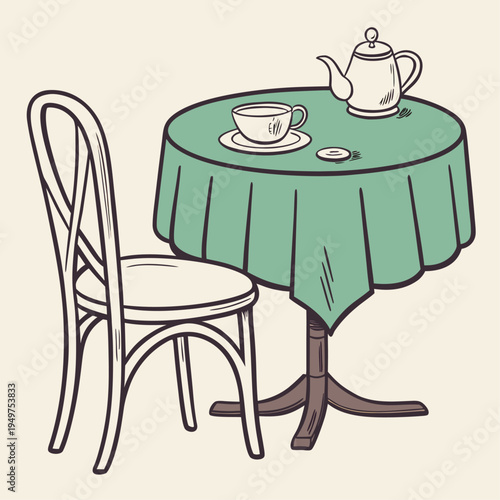 Restaurant table and chairs with tablecloth, tea pot and cup, hand drawn isolated design element.