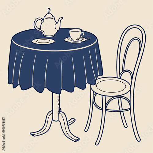Hand drawn cafe table with chairs, teapot and cup, cozy restaurant breakfast lunch dinner concept.