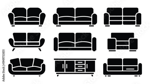 Modern home furniture silhouette bundle including sofas and a tv stand in black on white background