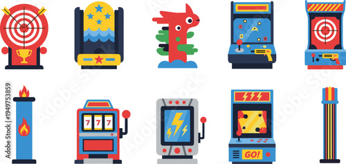 Arcade game machine collection with retro slot machines, shooting gallery targets, video game cabinets, and carnival gambling icons isolated on white.