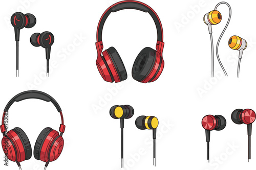 Collection of professional audio headphones and earphone icons set in red and yellow colors, isolated music equipment vector illustration graphics.