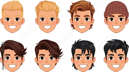 Collection of male character avatars with diverse hairstyles featuring blonde, brunette, and black hair, smiling young men faces isolated vector.