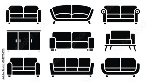 Modern home furniture silhouette bundle including sofas couches and cabinet on white background for interior design and decoration concepts