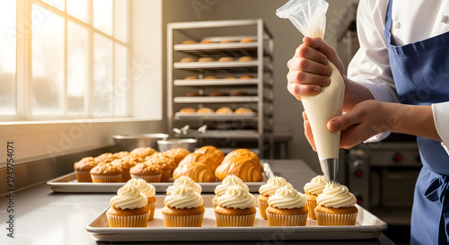A chef in a white uniform and blue apron carefully pipes sweet white frosting onto a row of freshly baked cupcakes in a commercial kitchen