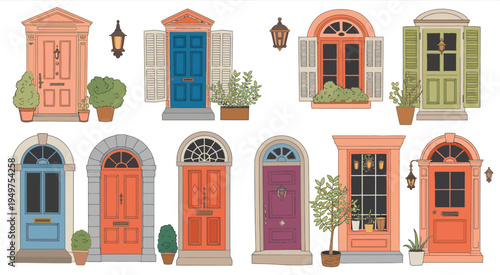 Vibrant collection of doors and windows illustrations, colorful vector designs showcasing various architectural styles, frames, and openings for creative design and interior projects.