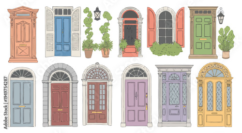 Doors and windows vector set, bright and detailed illustrations of diverse door and window designs, ideal for architectural, real estate, and decorative graphic projects.