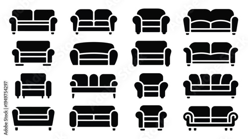 Vector silhouettes of various living room furniture sofas and couches in black on white background for design and decoration