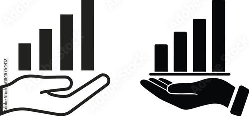 Two distinct vector icon illustrations showing a human hand holding a rising growth bar chart graph