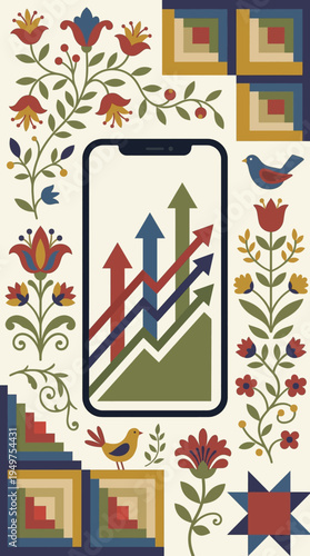Mobile investing concept with upward arrows and graphs framed by rustic folk art flowers and birds