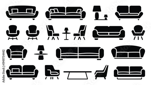 Minimalist furniture icons including sofas chairs tables and lamps in black silhouette on white background for design and decoration