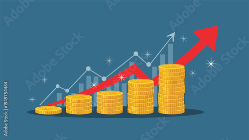 Five growing stacks of gold coins with a rising red arrow and line graph on a dark blue background representing profit.