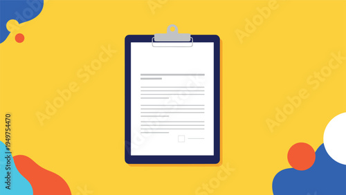 Dark blue clipboard with a blank white paper document on a yellow background with colorful abstract shapes and designs.