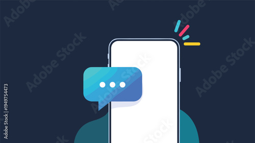 Smartphone displaying a white chat bubble icon on a dark screen with colorful sparks on a dark blue background.