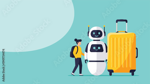 Woman with a backpack walking beside a white robot holding a large yellow suitcase on a clear turquoise background.