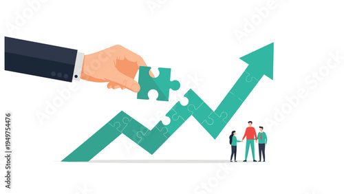 Giant hand fitting a puzzle piece into a green upward arrow with small human silhouettes standing at the base.