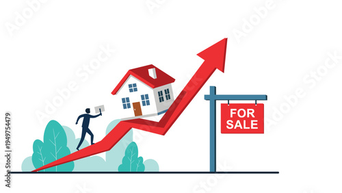 Silhouette of a person running up a rising red arrow carrying a document towards a house and a red for sale sign.